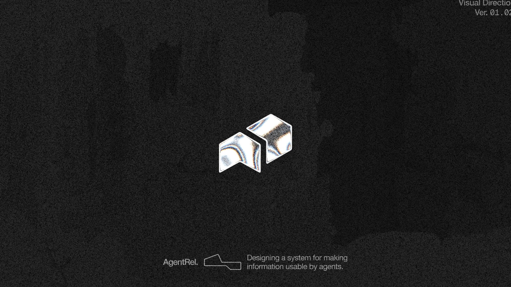 AgentRel visual direction board: the mark rendered in iridescent chrome on a dark ground.