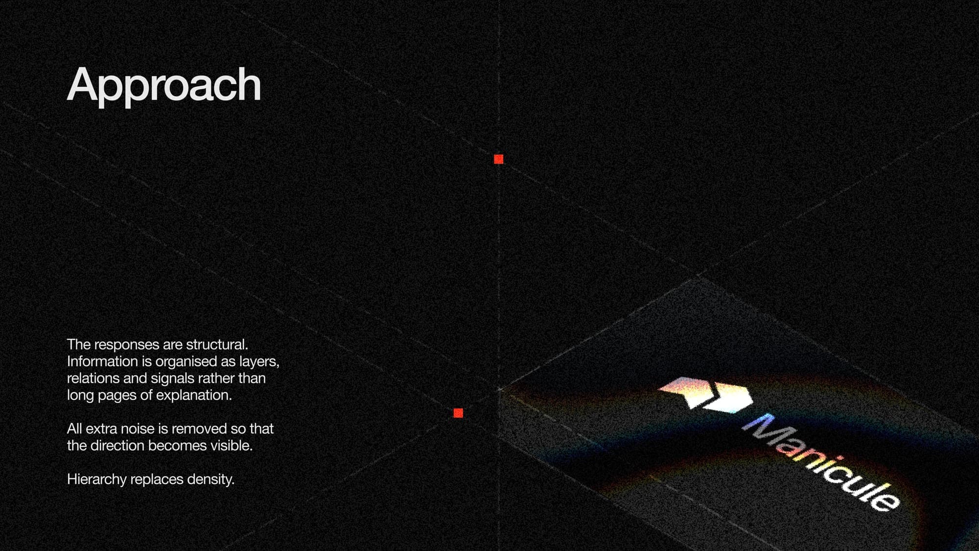 Approach panel: the visual language follows the same logic, with the mark on a dark isometric plate.