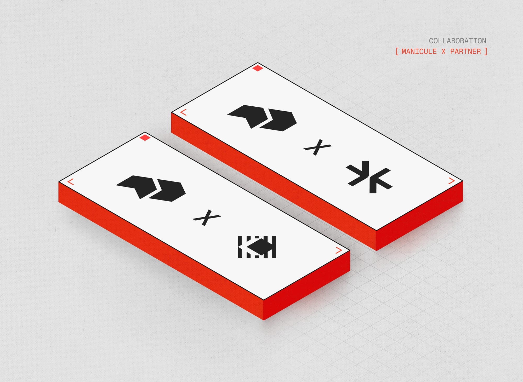 Collaboration lockups: the Manicule mark paired with partner marks on isometric plates.