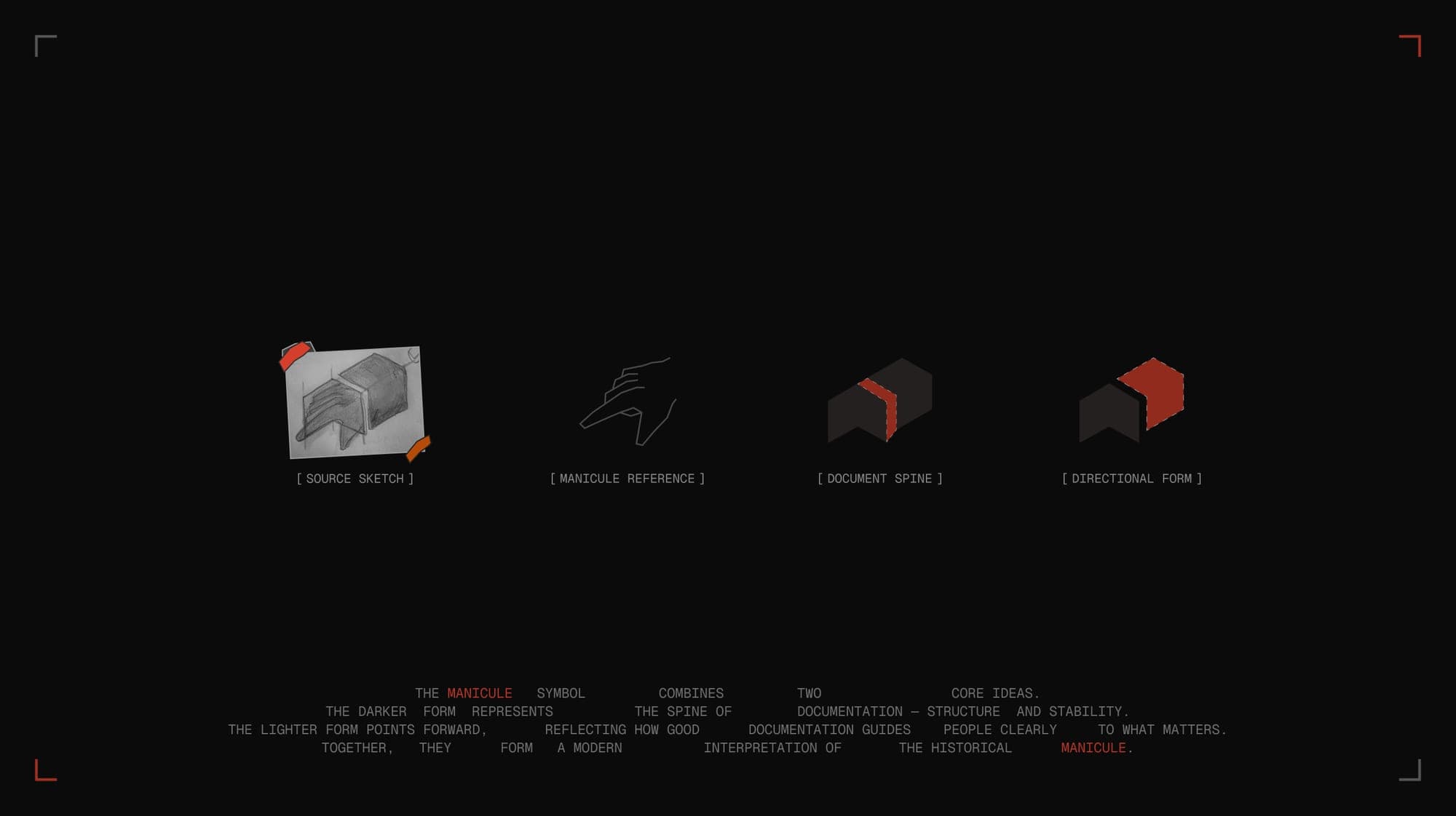Mark evolution: source sketch, manicule reference, document spine, directional form.